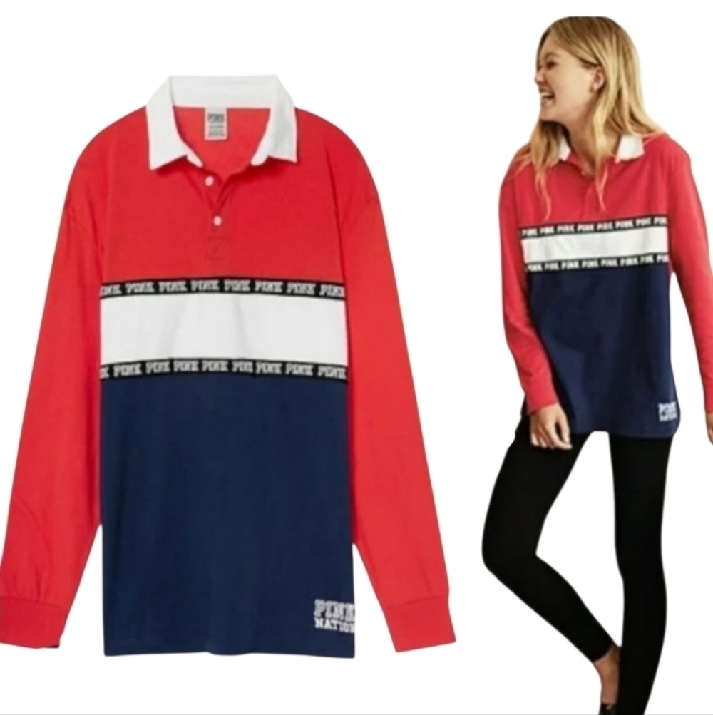 PINK Victoria's Secret Multicolor Rugby Long Sleeve Tee Top